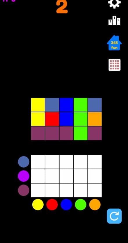 Ekran gry [365fun] Color Match3 z pustą siatką odpowiedzi i wzorem kolorów na górze.