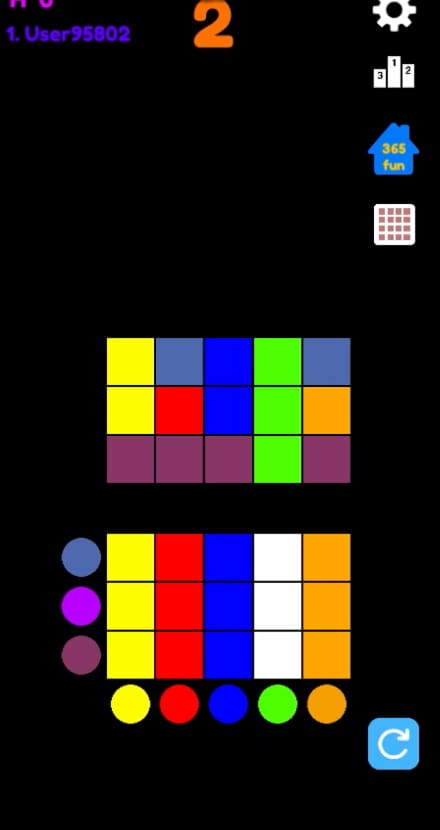 Ekran gry [365fun] Color Match3 z częściowo wypełnioną siatką odpowiedzi na poziomie drugim.