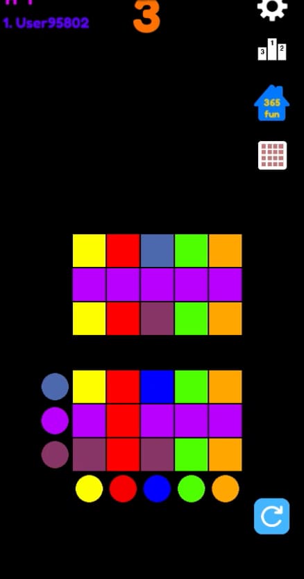 Ekran gry [365fun] Color Match3 z ukończonym fioletowym rzędem w kolorowej siatce.